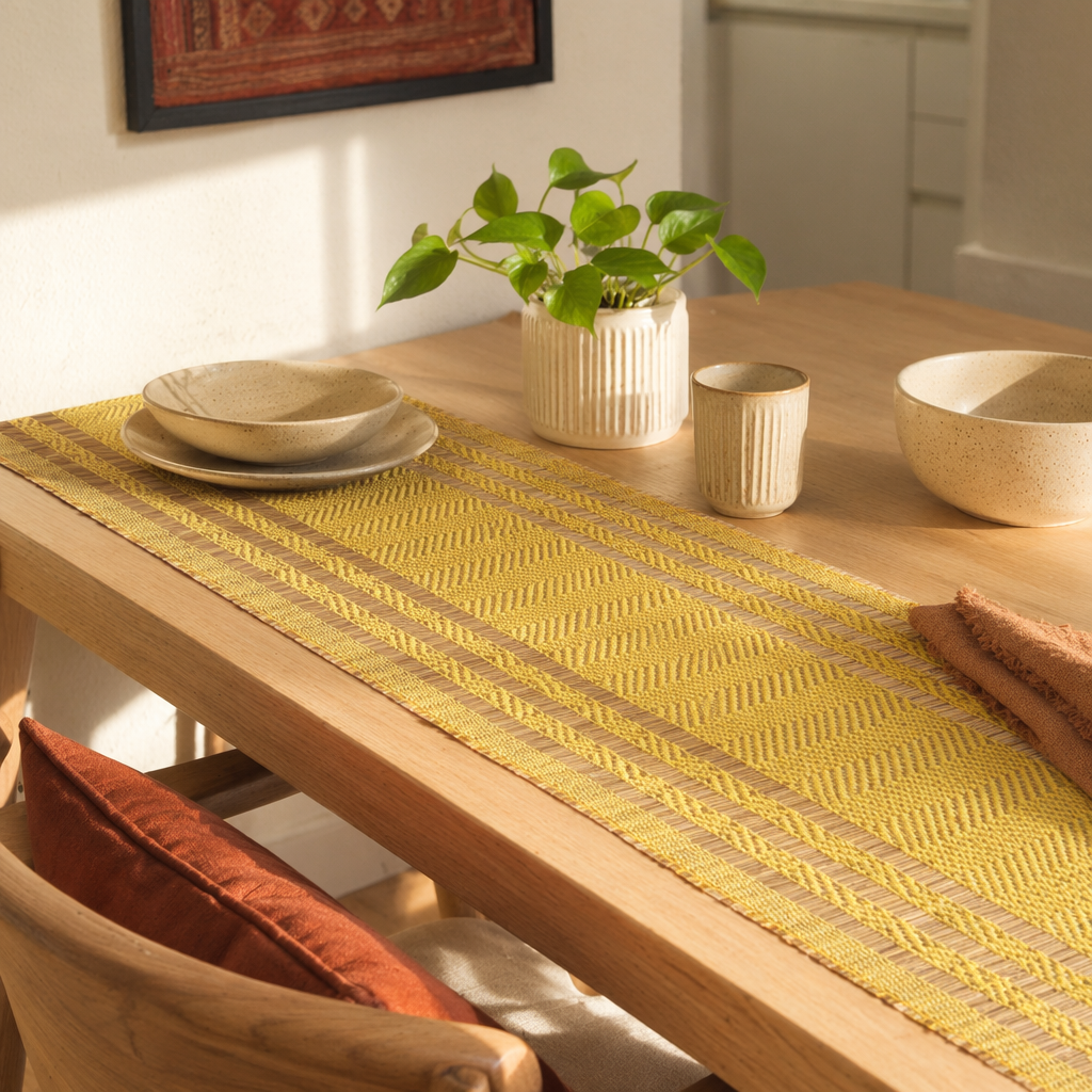 Madur Lemon Handwoven Grass Table Runner, The Gathered Table. Handmade in India by House of Taraasha.