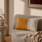 Crochet-Flap Mustard and Off-White Rectangular Cushion Cover, The Living Room. Handmade in India by House of Taraasha.