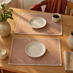 Crochet-Edged Table Mats Taupe and Off-White, The Gathered Table. Handmade in India by House of Taraasha.