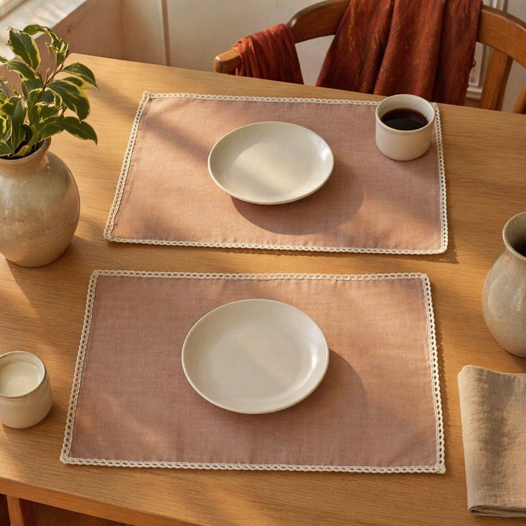 Crochet-Edged Table Mats Taupe and Off-White, The Gathered Table. Handmade in India by House of Taraasha.