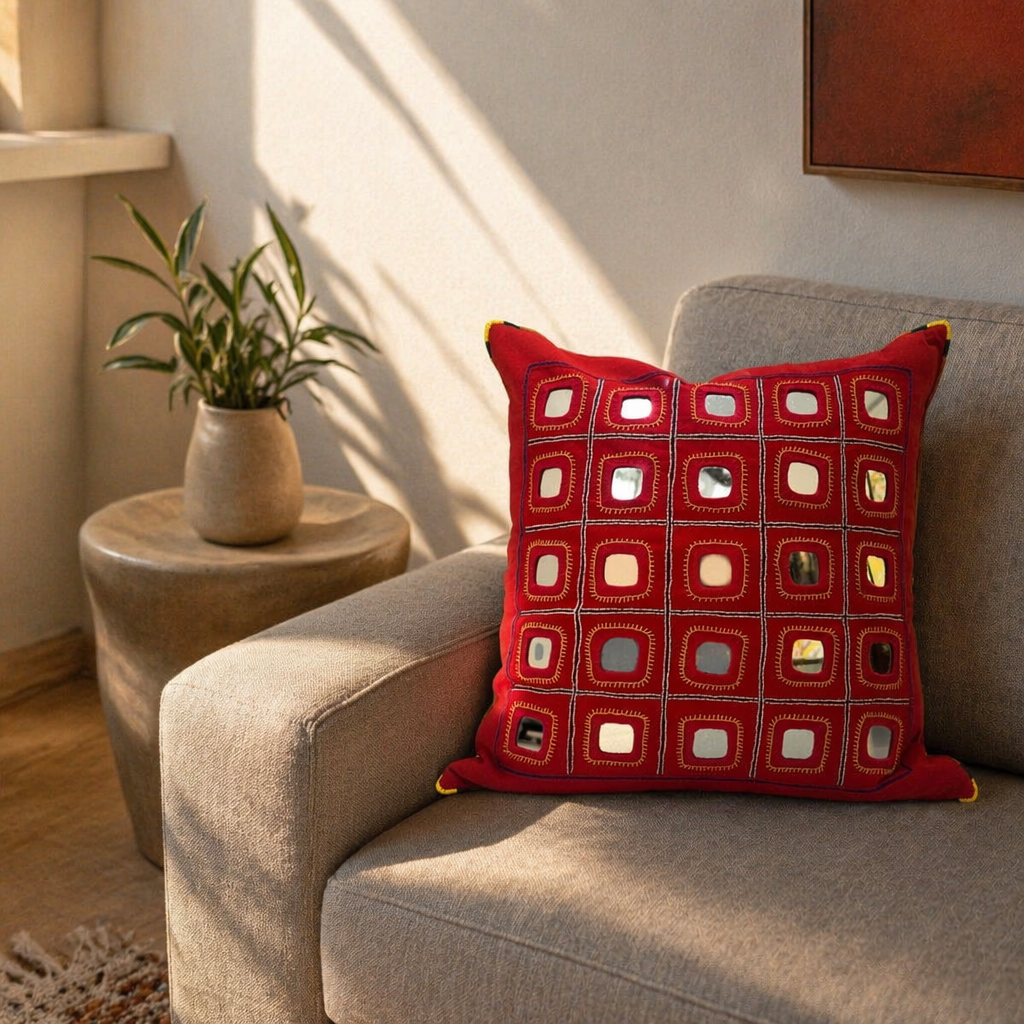 Lambani Mirror Work Hand-Embroidered Cotton Cushion Cover, The Living Room. Handmade in India by House of Taraasha.