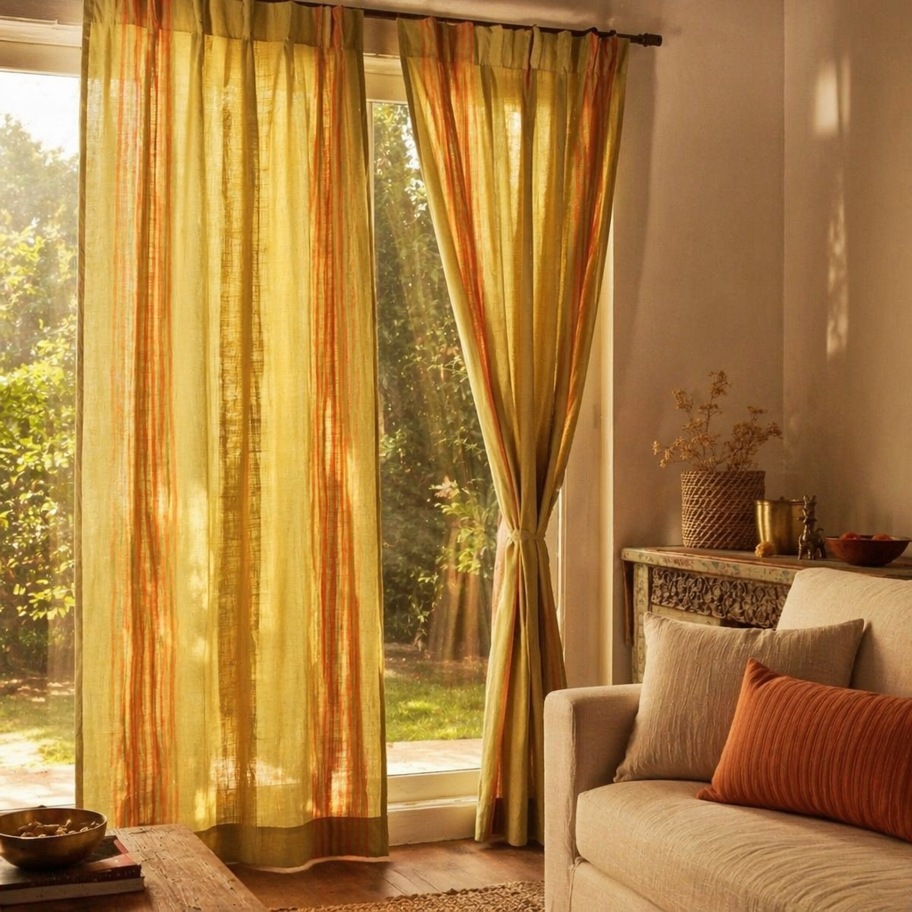 Handwoven Solid Matcha Green Cotton Door Curtain, The Draped Window. Handmade in India by House of Taraasha.