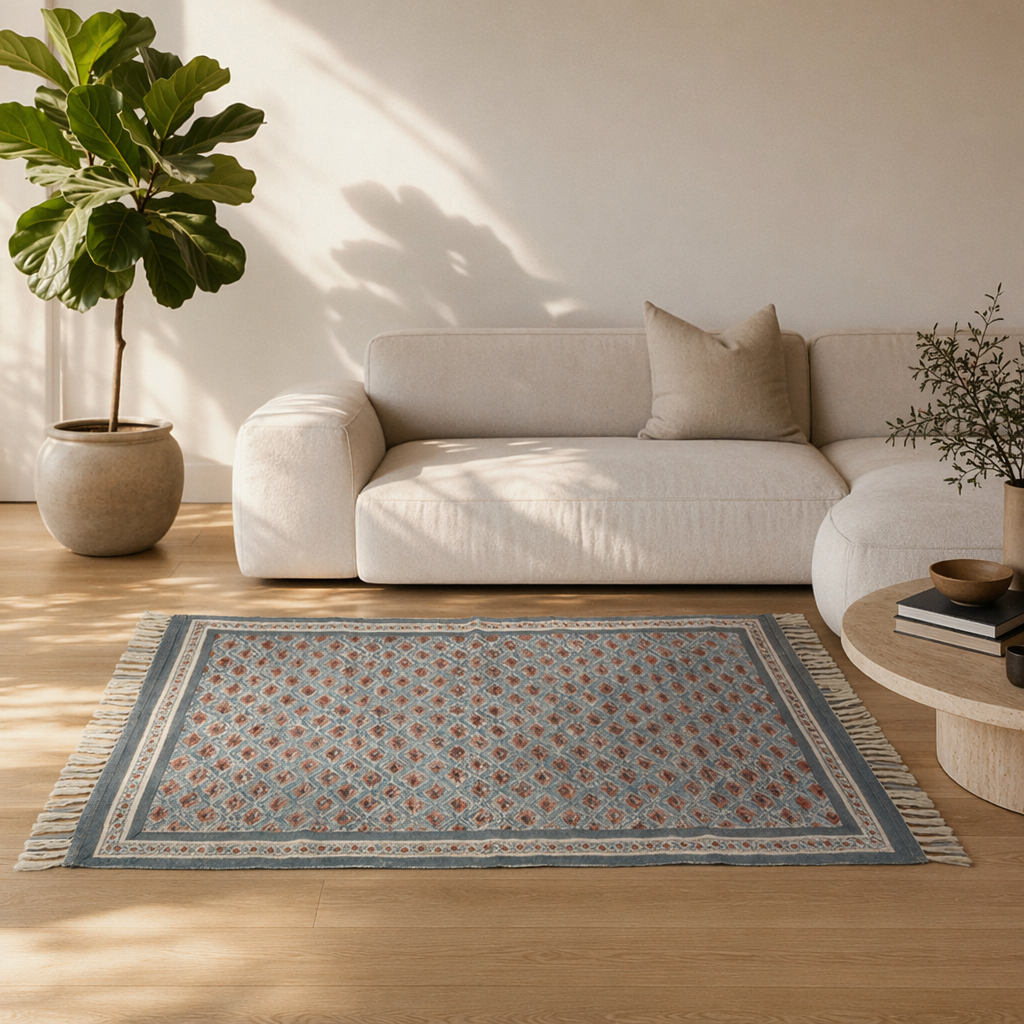 Blue and Dusty Pink Royal Courtyards Floral Rug, The Woven Floor. Handmade in India by House of Taraasha.