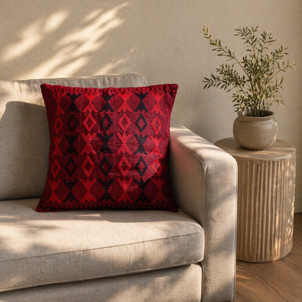Naga Arrowhead Backstrap-Woven Red and Black Cushion Cover, The Living Room. Handmade in India by House of Taraasha.