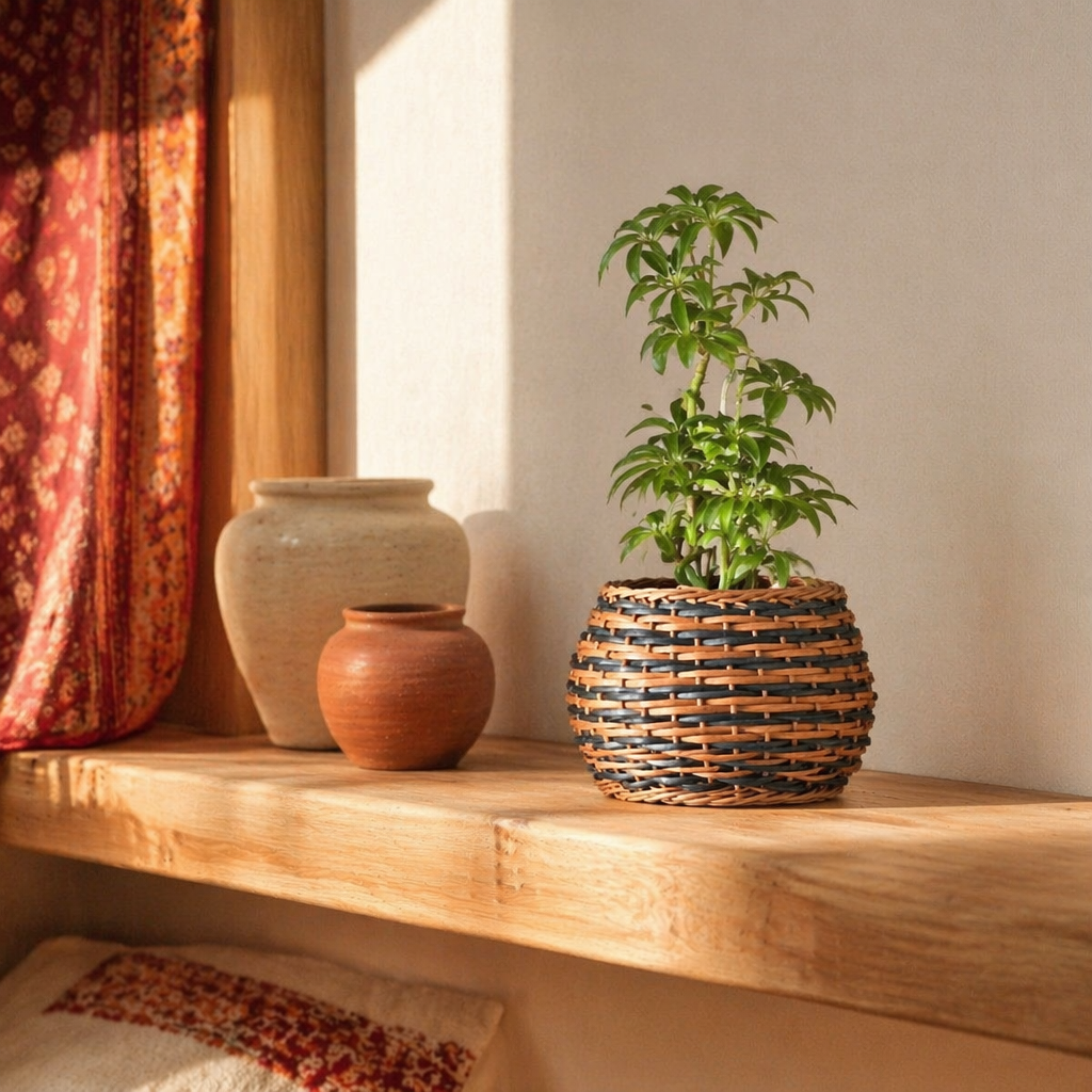 Indigo and Brown Kashmiri Willow Wicker Planter Trio, The Art Wall. Handmade in India by House of Taraasha.