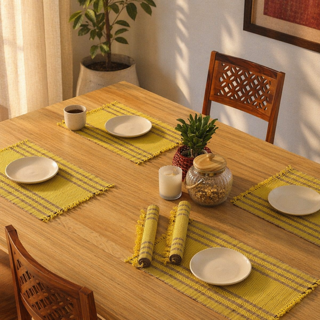 Madur Grass Woven Table Mats Lemon Yellow, The Gathered Table. Handmade in India by House of Taraasha.