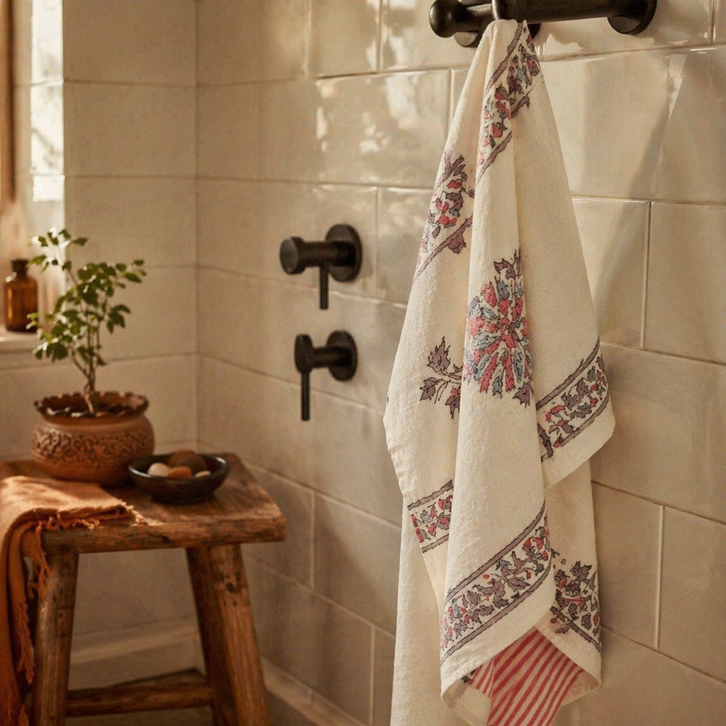 Petal Pattern Hand Block-Printed Cotton Towel Set, The Linen Room. Handmade in India by House of Taraasha.