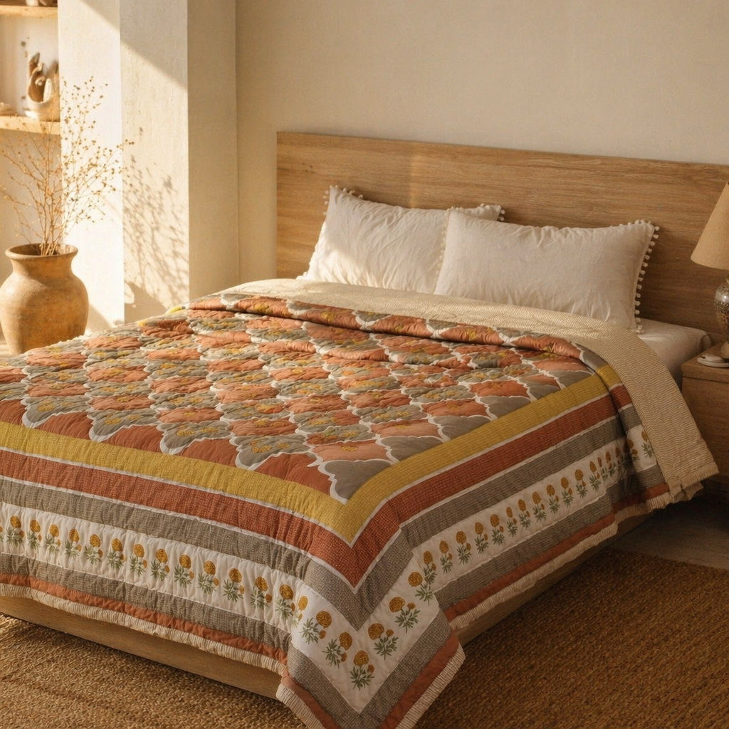 Rust & Taupe Marigold Cotton Quilt, The Linen Room. Handmade in India by House of Taraasha.