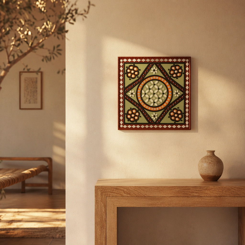 Green Lippan Square Mud & Mirror Wall Hanging, The Art Wall. Handmade in India by House of Taraasha.