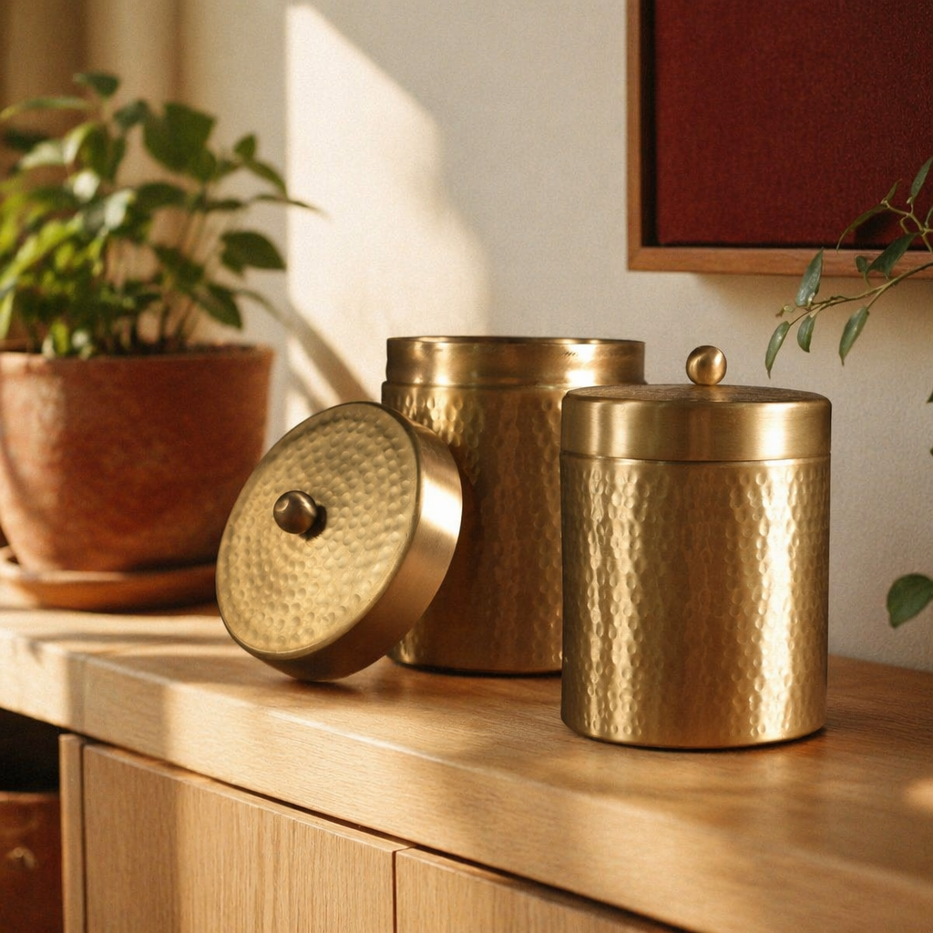 Moradabad Hammered Pure Brass Dabba, Large, The Brass Atelier. Handmade in India by House of Taraasha.