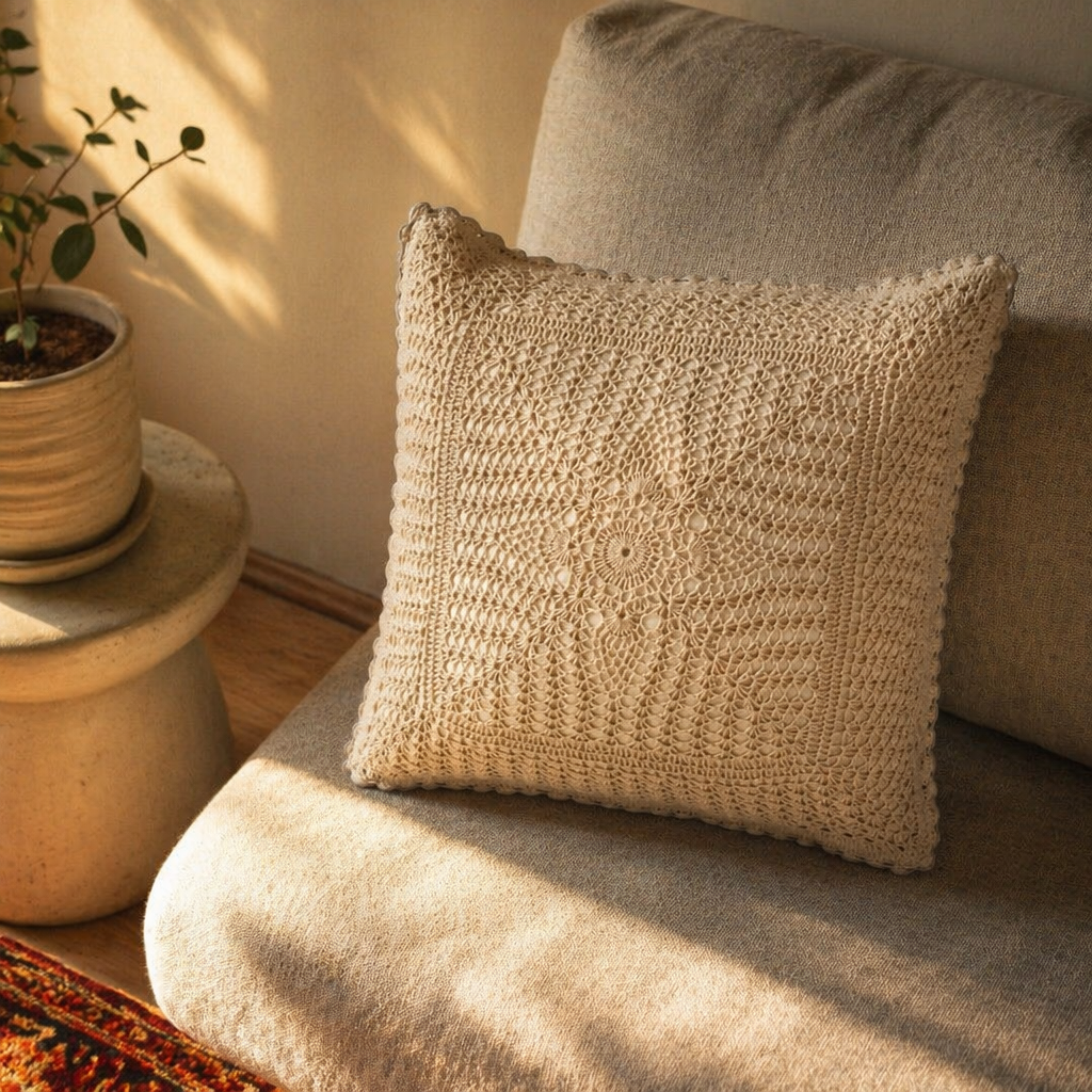 White Floret Handmade Crochet Cushion Cover, The Living Room. Handmade in India by House of Taraasha.