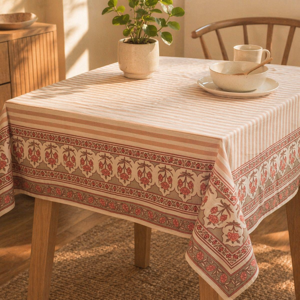 Royal Courtyards Table Cloth Dusty Pink and Off-White, The Gathered Table. Handmade in India by House of Taraasha.