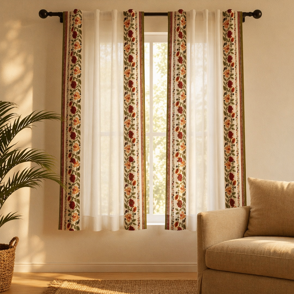Floral Border Block-Print Sheer Door Curtain, The Draped Window. Handmade in India by House of Taraasha.