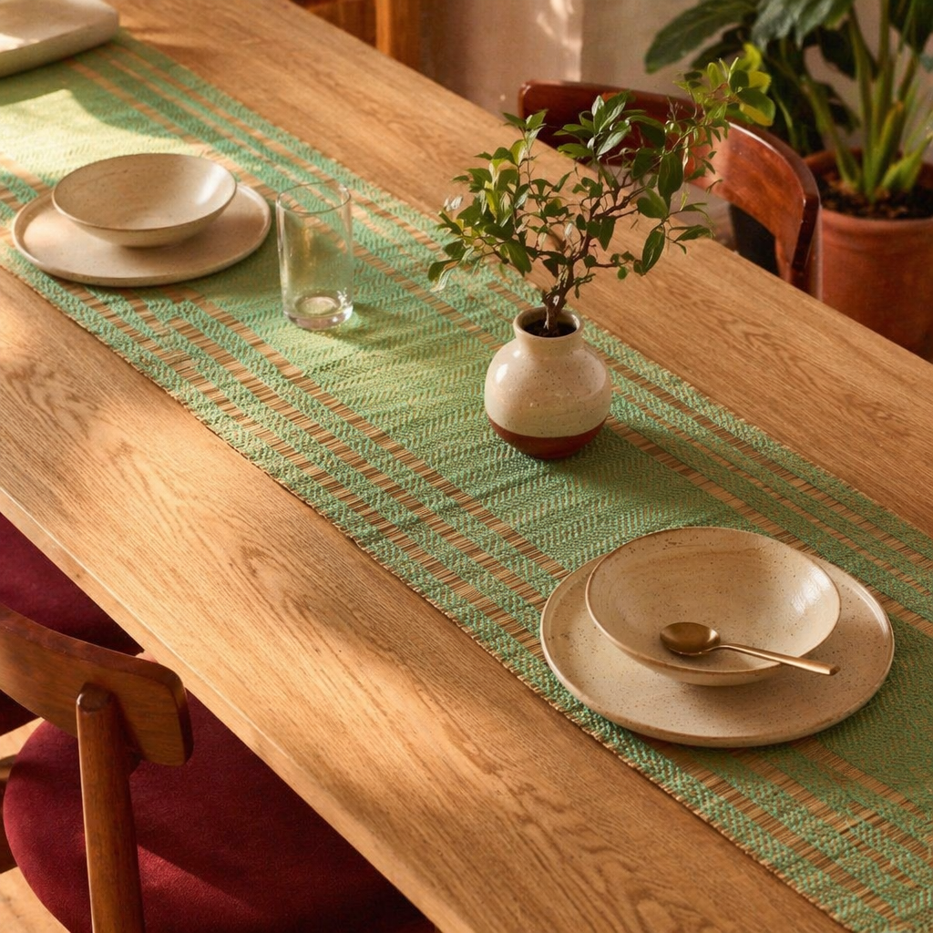 Madur Aqua Handwoven Grass Table Runner, The Gathered Table. Handmade in India by House of Taraasha.