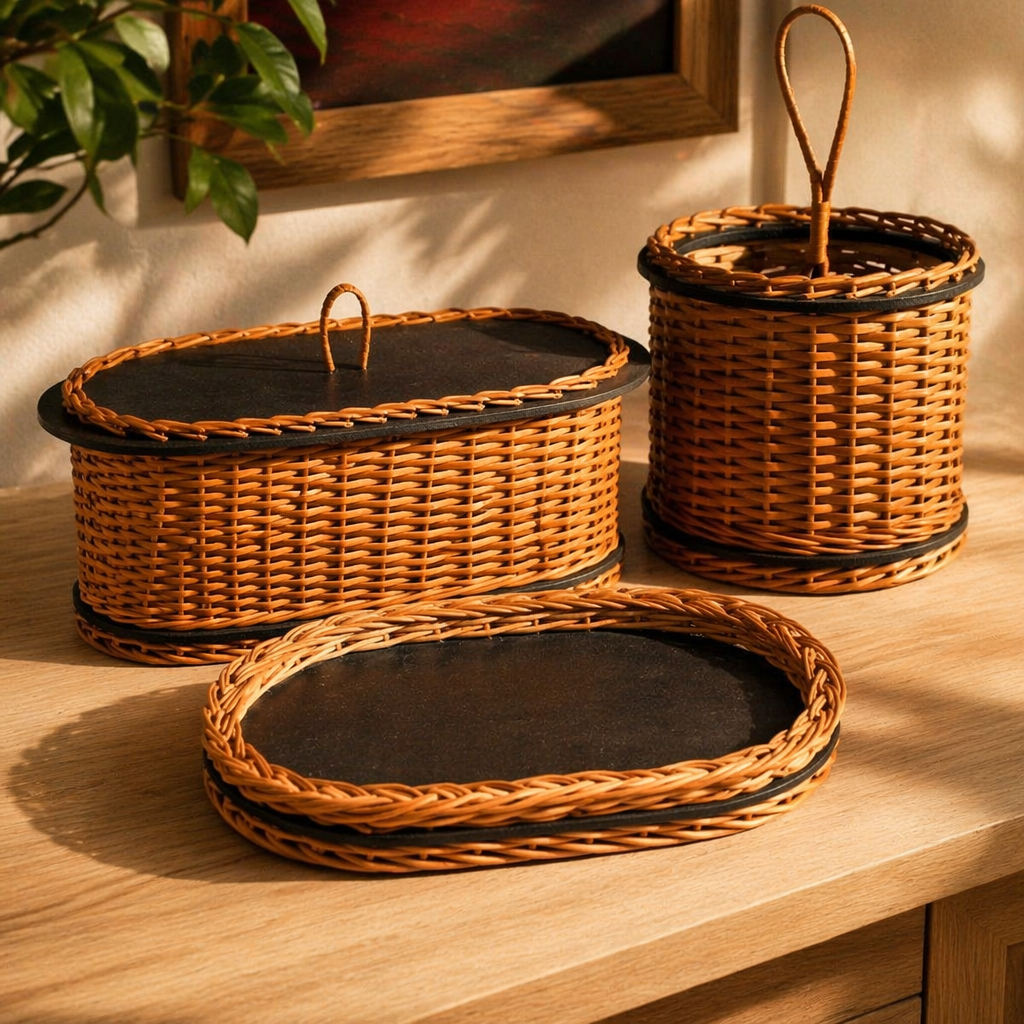 Kashmiri Willow Wicker Bread, Tray & Cutlery Set, The Brass Atelier. Handmade in India by House of Taraasha.
