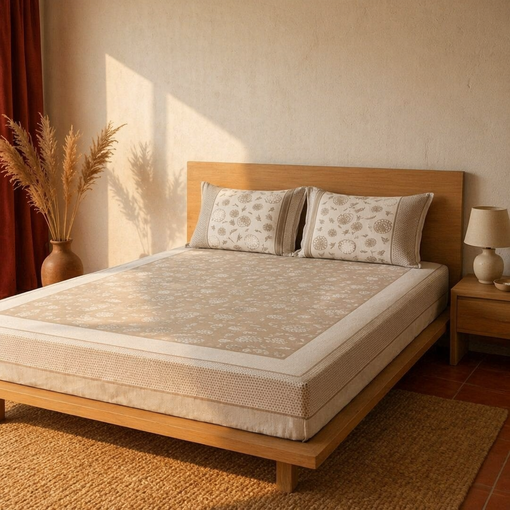 Marigold Taupe and Off-White Block-Printed Bedsheet, The Linen Room. Handmade in India by House of Taraasha.