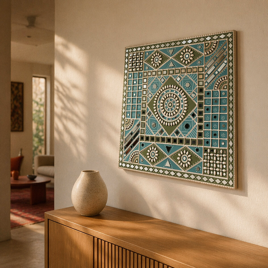 Ocean Blue Lippan Wall Hanging Kutch Mirror Work, The Art Wall. Handmade in India by House of Taraasha.