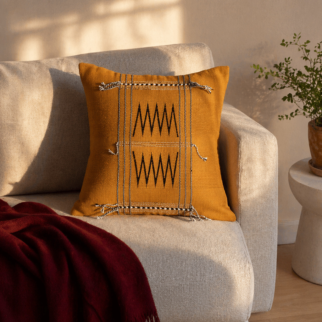 Naga Mustard Backstrap-Loom Woven Tribal Cushion Cover, The Living Room. Handmade in India by House of Taraasha.