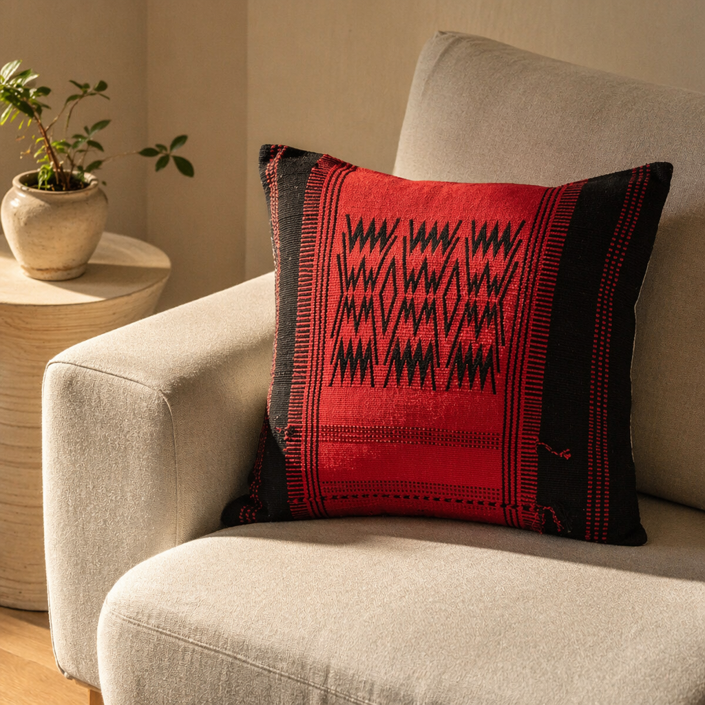 Naga Tribal Backstrap-Woven Red and Black Cushion Cover, The Living Room. Handmade in India by House of Taraasha.