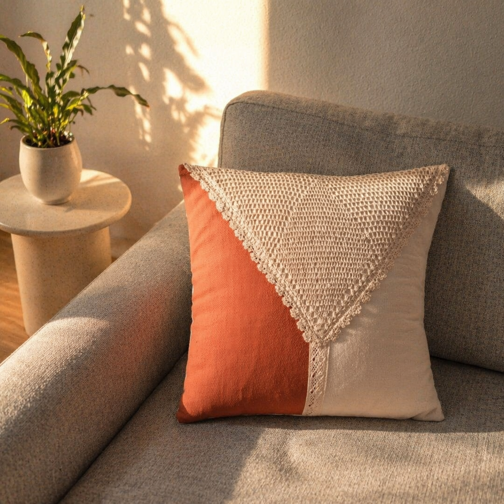Crochet-Flap Rust and Off-White Cotton Cushion Cover, The Living Room. Handmade in India by House of Taraasha.