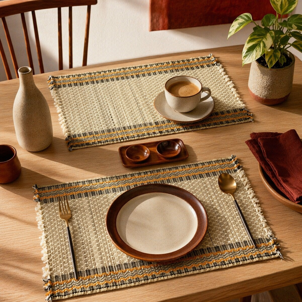 Madur Beige Handwoven Grass Table Mats, The Gathered Table. Handmade in India by House of Taraasha.