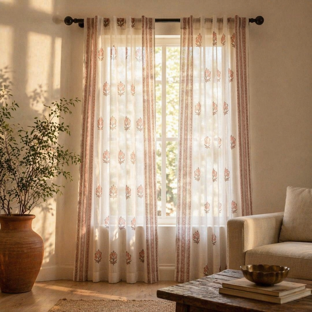 Mulmul Sheer Hand-Printed Dusty Pink Curtain, The Draped Window. Handmade in India by House of Taraasha.