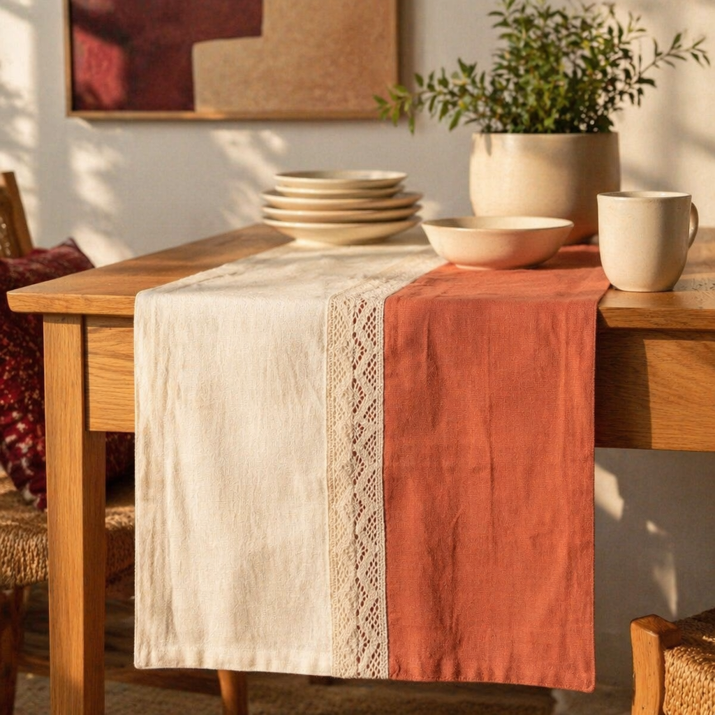 Crochet-Edged Runner Rust and Off-White, The Gathered Table. Handmade in India by House of Taraasha.