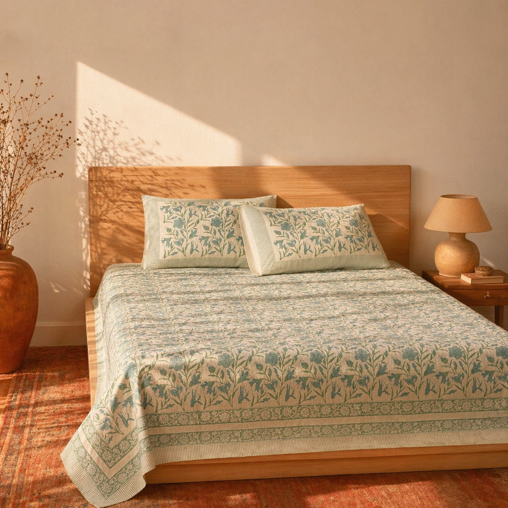 Light Green & White Hand Block-Printed Bedsheet, The Linen Room. Handmade in India by House of Taraasha.