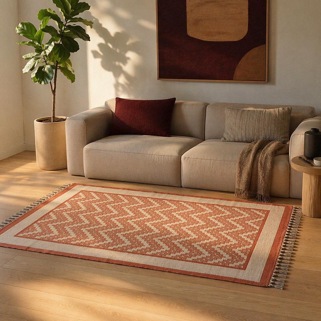 Chintz Chevron Ivory and Coral Hand Block-Printed Rug, The Woven Floor. Handmade in India by House of Taraasha.