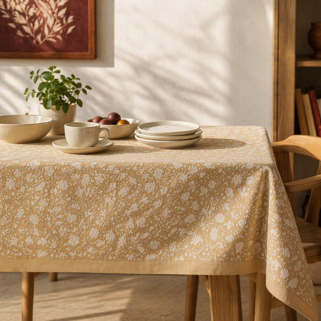Floral Cotton Hand-Printed 6-Seater Tablecloth, The Gathered Table. Handmade in India by House of Taraasha.
