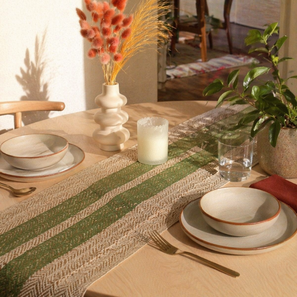 Madur Olive Handwoven Grass Table Runner, The Gathered Table. Handmade in India by House of Taraasha.