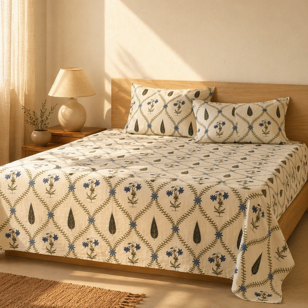 Cypress Blue Hand-Printed Floral Bedsheet, The Linen Room. Handmade in India by House of Taraasha.