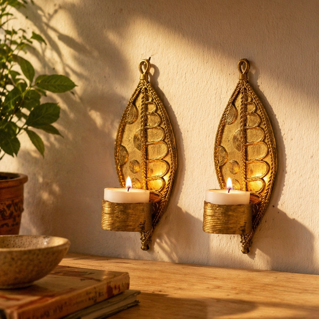 Dhokra Parna Brass Leaf Tealight Holders, Tribal Stories. Handmade in India by House of Taraasha.