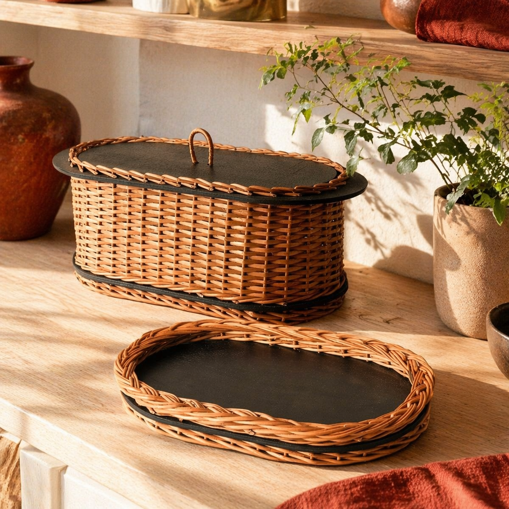 Kashmiri Willow Wicker Bread Box & Serving Tray, The Brass Atelier. Handmade in India by House of Taraasha.