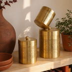 Moradabad Floral-Etched Brass Dabba Set of Three, The Brass Atelier. Handmade in India by House of Taraasha.