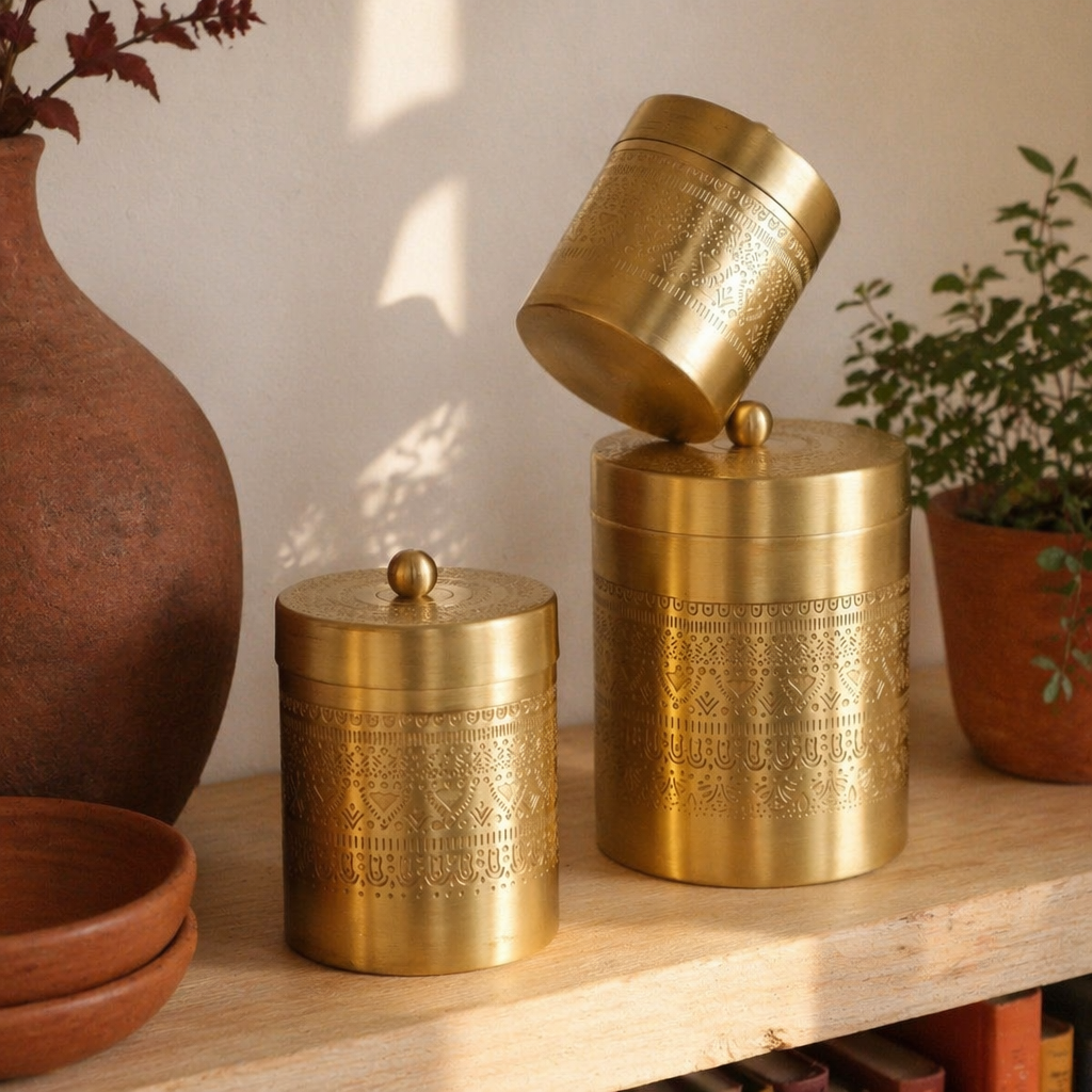Moradabad Floral-Etched Brass Dabba Set of Three, The Brass Atelier. Handmade in India by House of Taraasha.