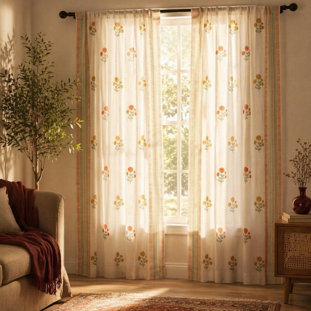 Mulmul Marigold Sheer Rust Mustard and Teal Curtain, The Draped Window. Handmade in India by House of Taraasha.