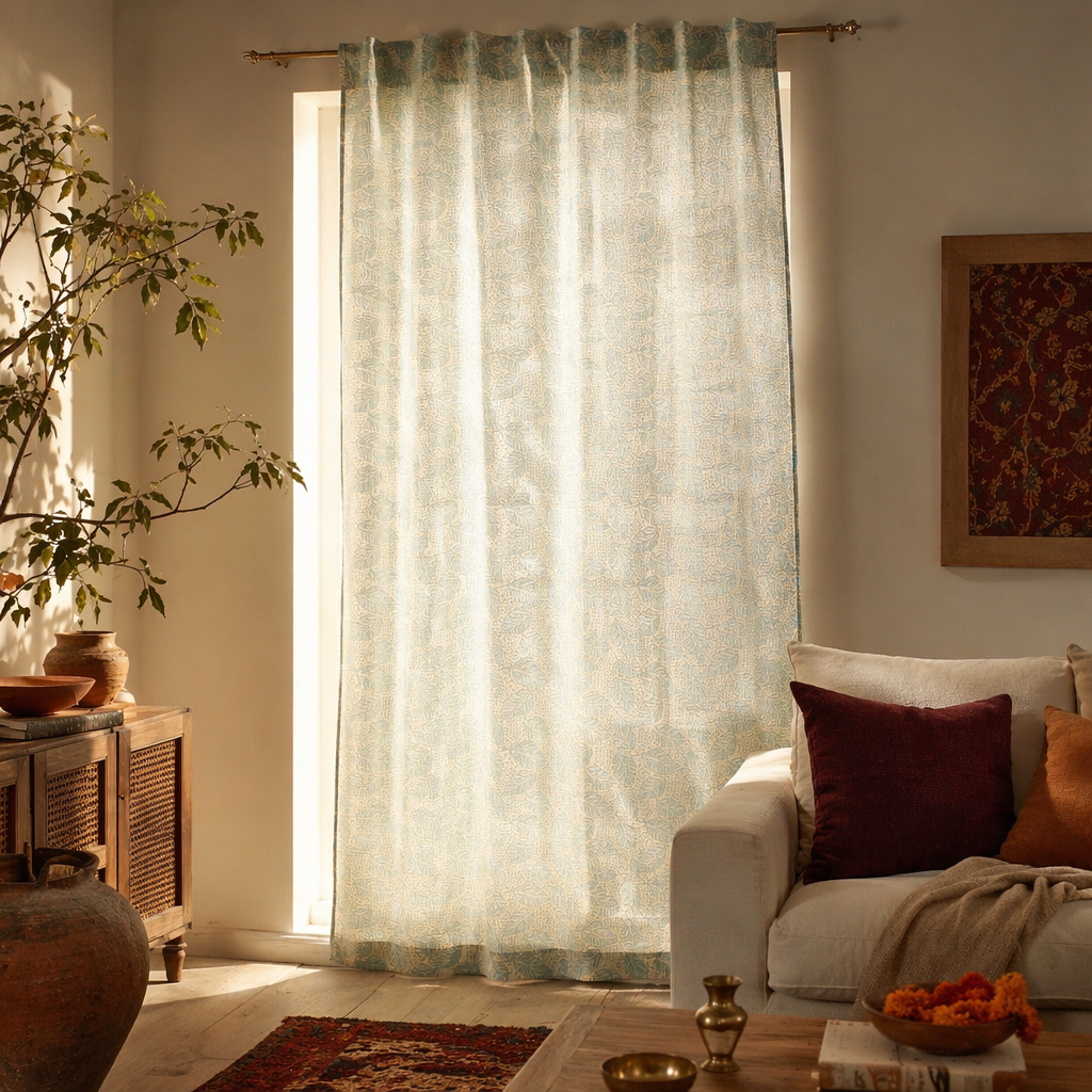 Karhuwa Summer Leaves Cutwork Sky Blue Sheer Curtain, The Draped Window. Handmade in India by House of Taraasha.