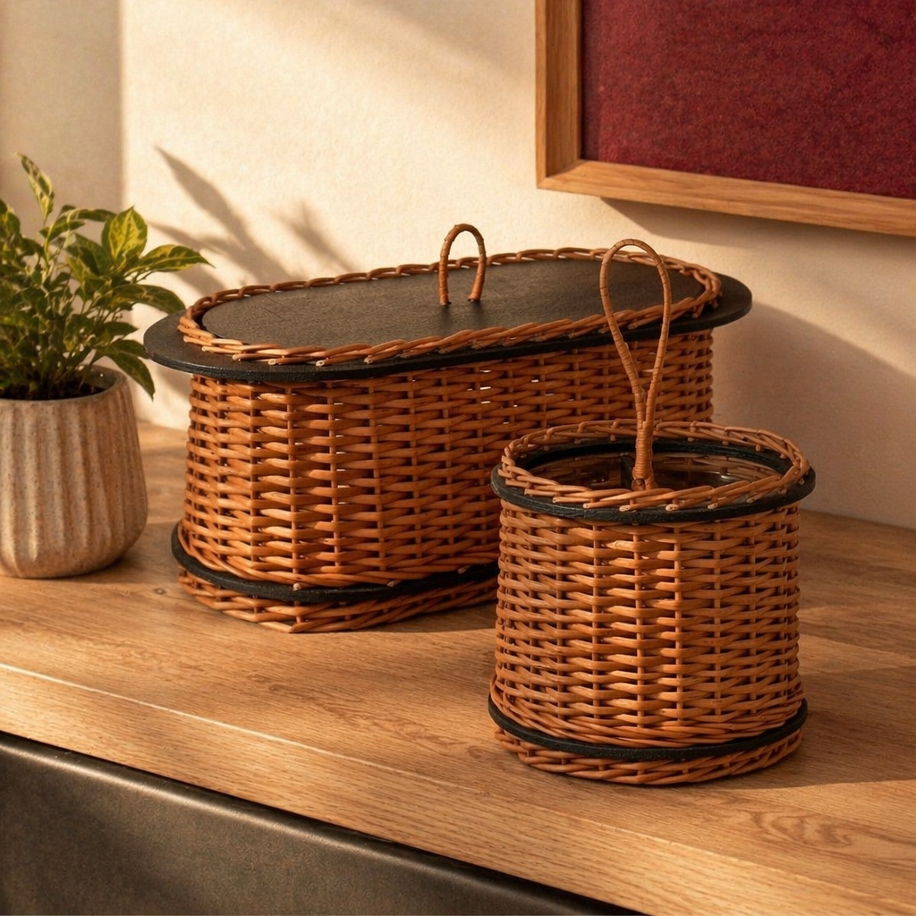 Kashmir Willow Bread Box & Cutlery Caddy, The Wicker House. Handmade in India by House of Taraasha.