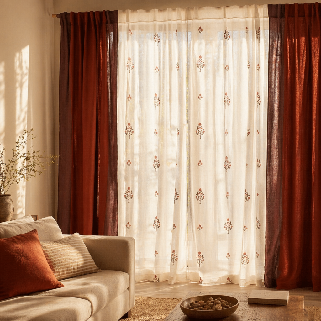 Royal Courtyards Blue & Dusty Pink Woven-Sheer Set of Four, The Draped Window. Handmade in India by House of Taraasha.