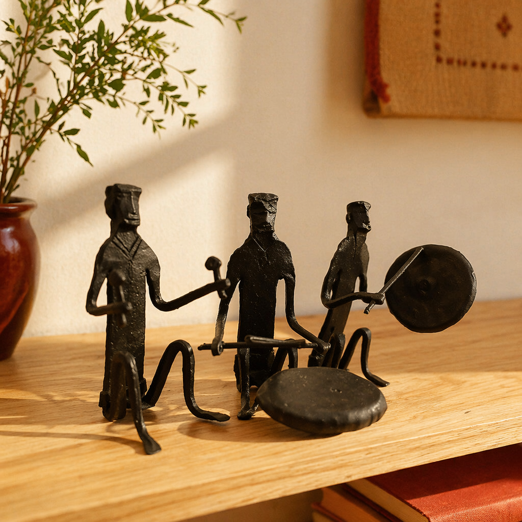 Bastar Wrought Iron Seated Musicians Trio, Tribal Stories. Handmade in India by House of Taraasha.