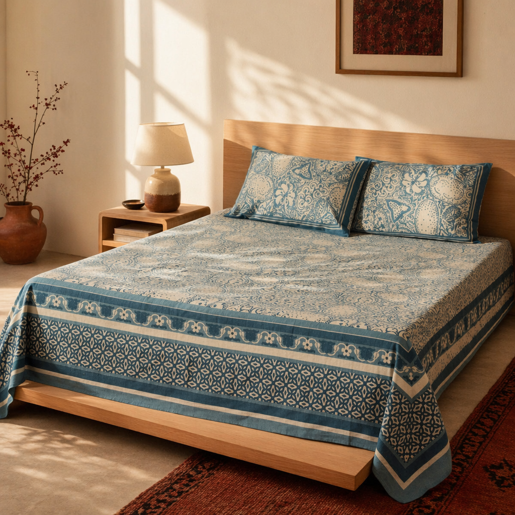 Marigold Ivory and Navy Bedsheet, The Linen Room. Handmade in India by House of Taraasha.