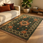 Green and Peach Punja-Woven Jute and Wool Floor Rug, The Woven Floor. Handmade in India by House of Taraasha.