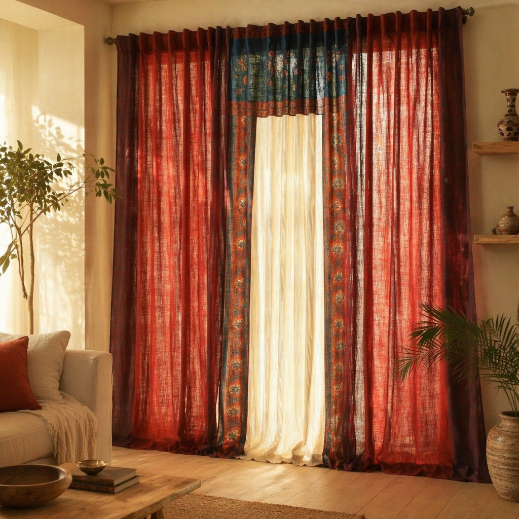 Chintz Assorted Set Brick Red, Ivory and Navy Cotton Curtains, The Draped Window. Handmade in India by House of Taraasha.