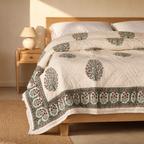 Mughal Florals White and Green Jaipuri Razai, The Linen Room. Handmade in India by House of Taraasha.