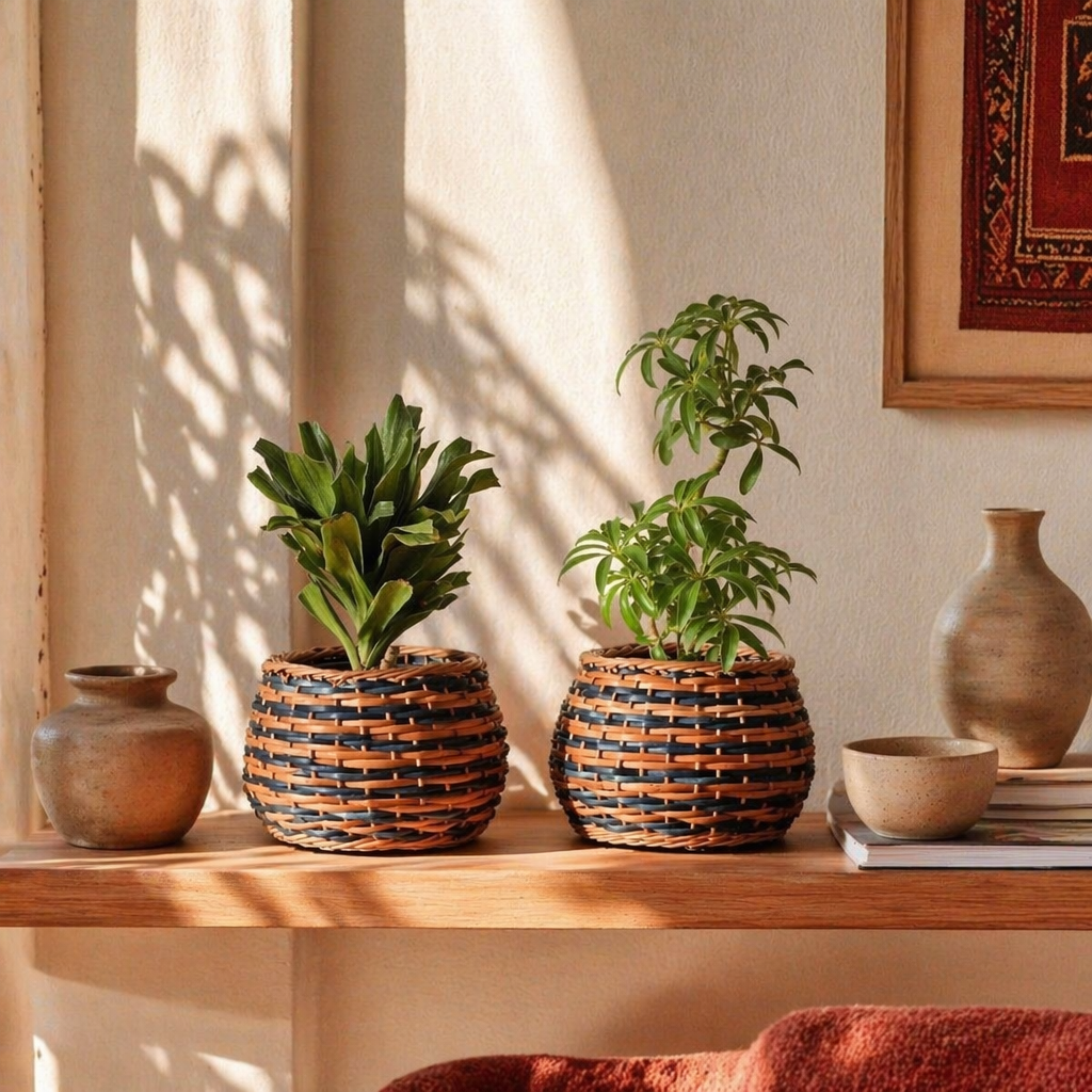 Indigo and Brown Kashmiri Willow Wicker Planter, The Art Wall. Handmade in India by House of Taraasha.