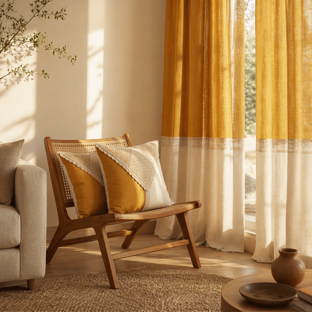Mustard & Off-White Reversible Cotton Curtain & Cushion Set, The Draped Window. Handmade in India by House of Taraasha.