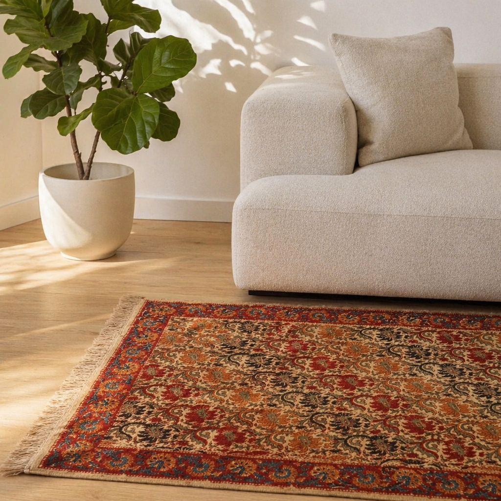 Kalamkari Earth Tones Floral Block-Printed Cotton Rug, The Woven Floor. Handmade in India by House of Taraasha.