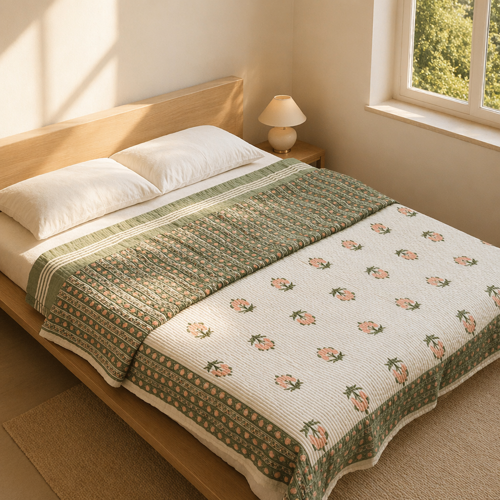 Dusty Pink & Green Reversible Mulmul Quilt, The Linen Room. Handmade in India by House of Taraasha.