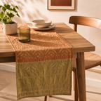 Applique Cutwork Runner Coral and Sage Green, The Gathered Table. Handmade in India by House of Taraasha.